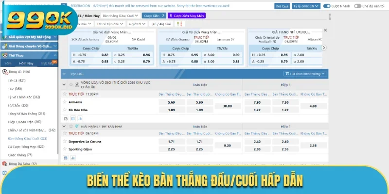 Biến thể kèo bàn thắng đầu/cuối hấp dẫn